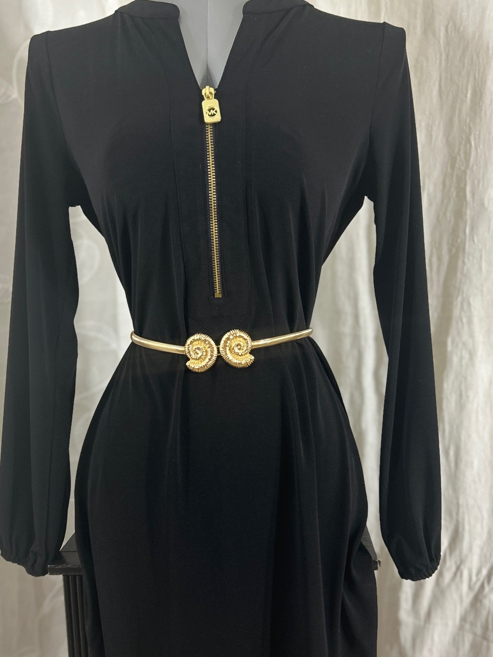 Michael Kors Black Long Sleeve Dress with Gold Zip and Gold Accent Belt